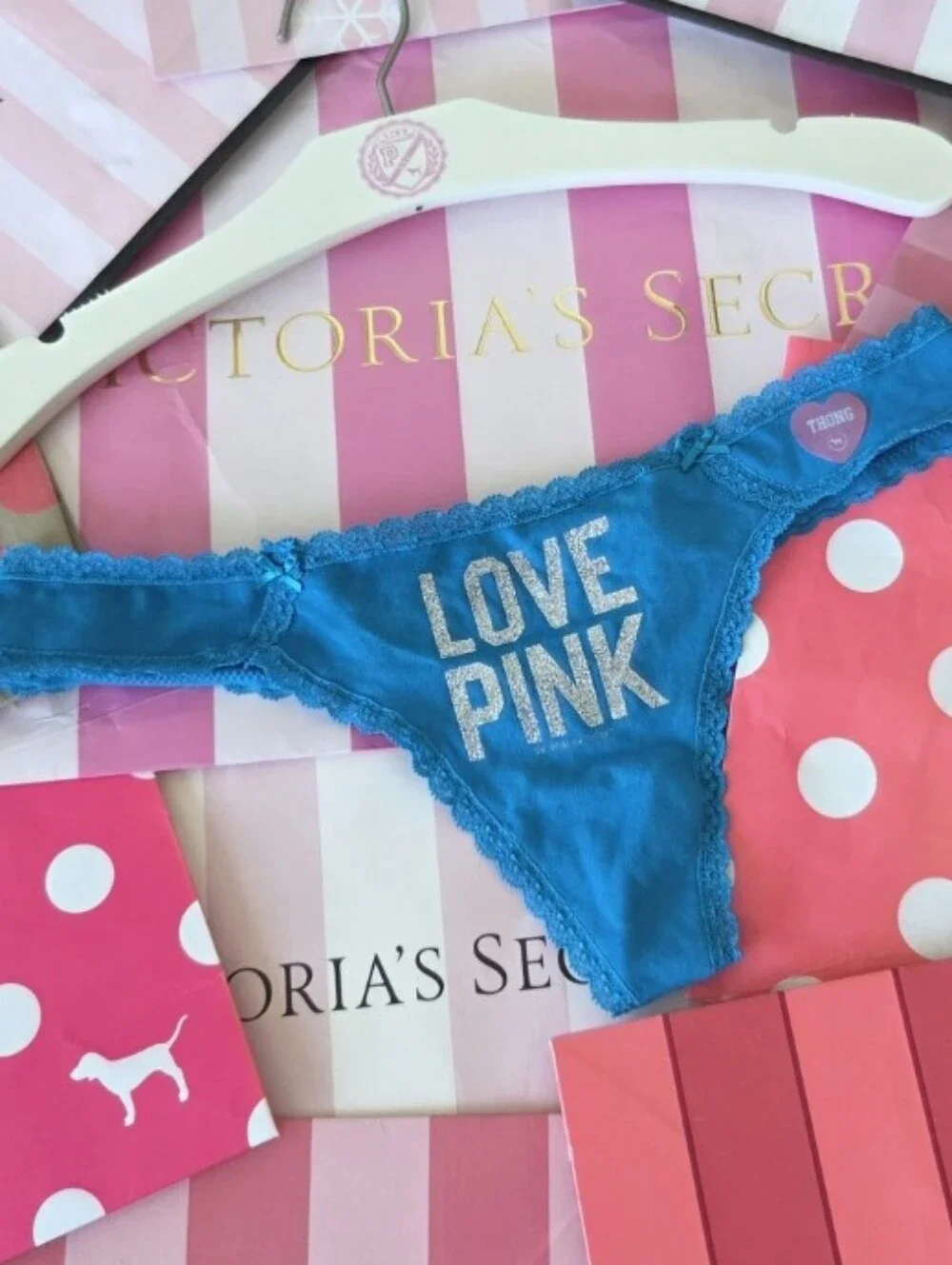 Victoria's Secret PINK VTG Blue LOVE PINK Glitter Thong Panty NWT HTF RARE Y2K
